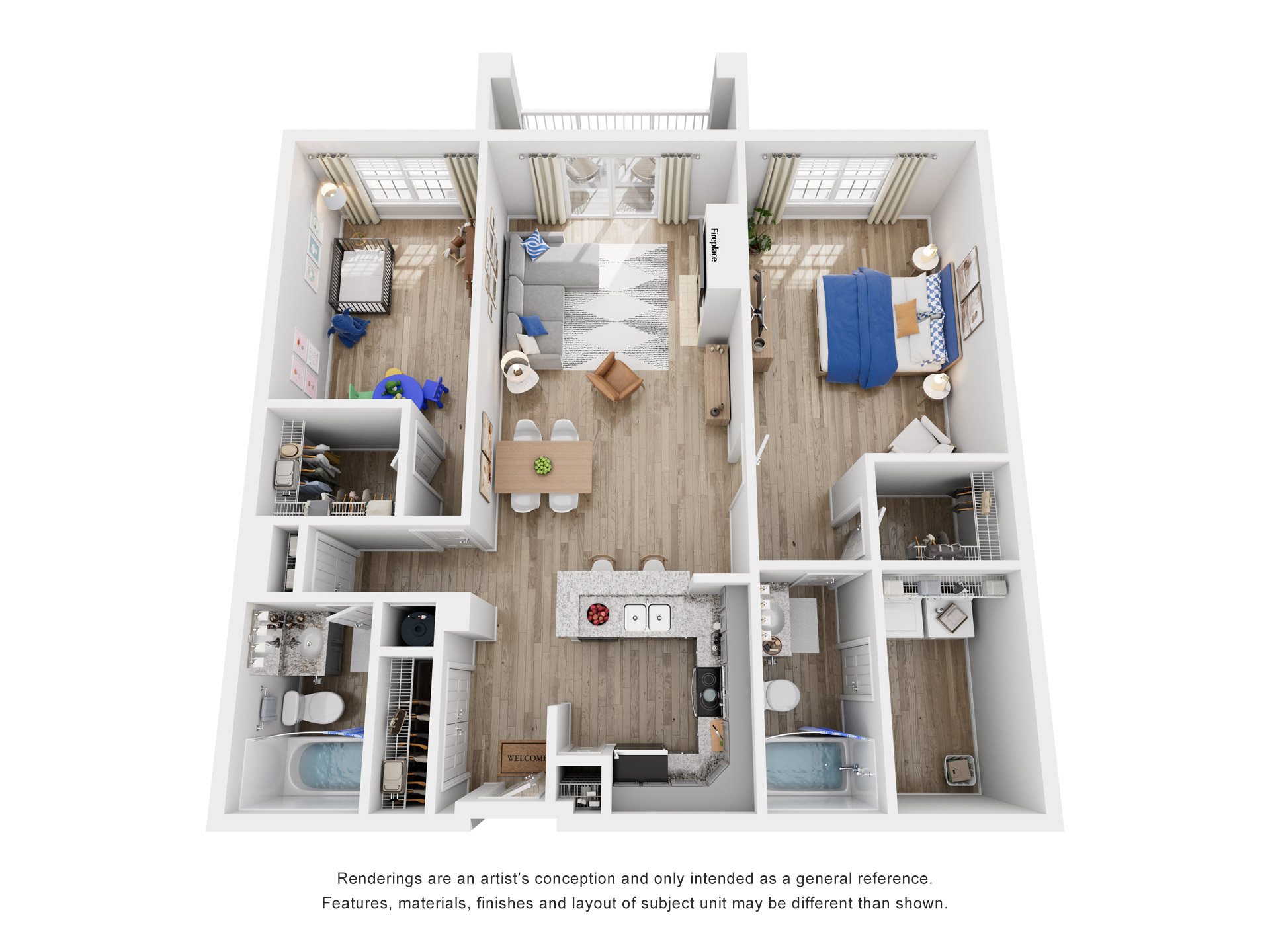 Floor plan for 2 beds, 2 baths, 1348 sqft